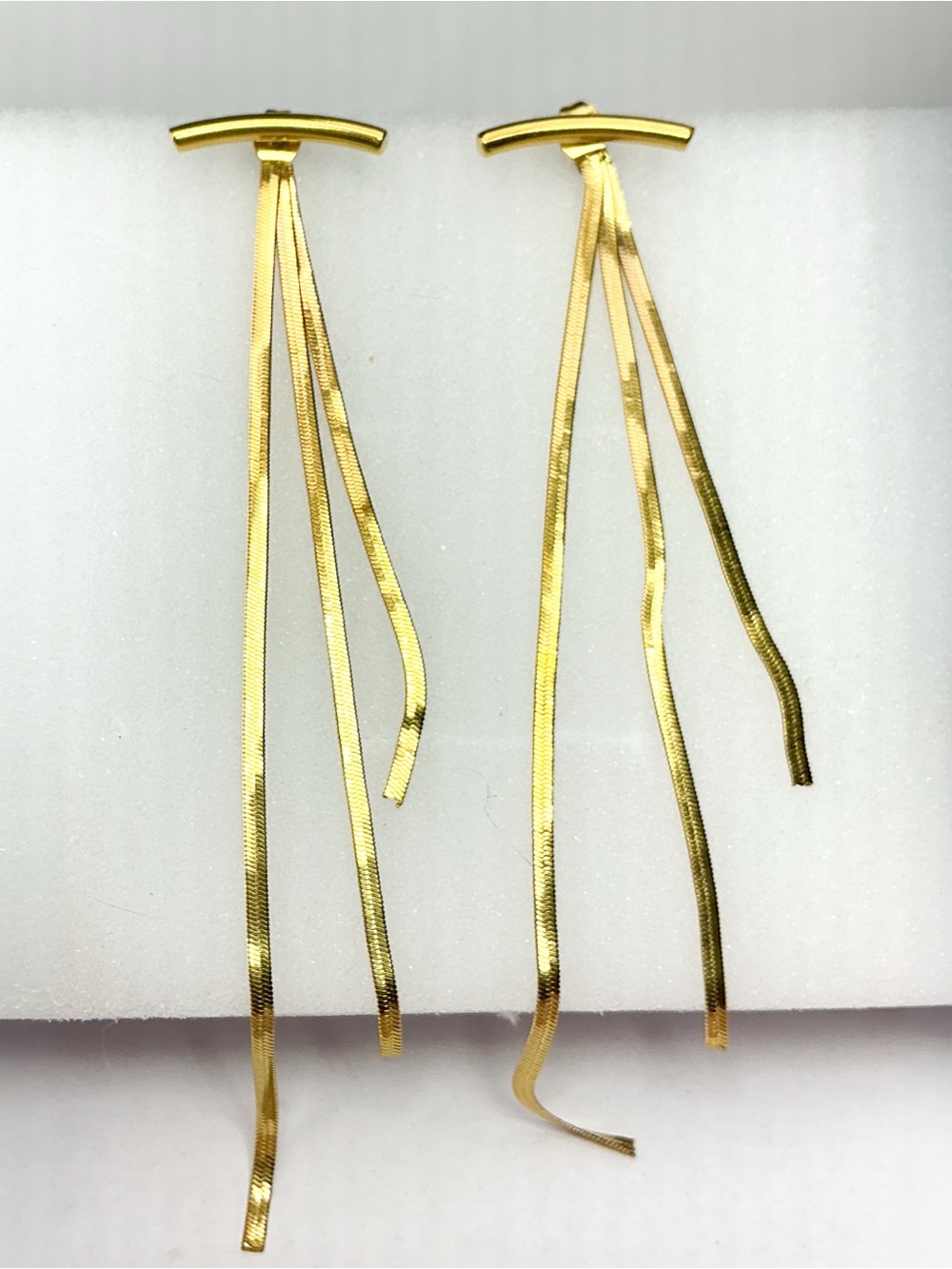 Gold Arc Herringbone Chain Tassel Drop Earrings Long Dangle Bar Hypoallergenic